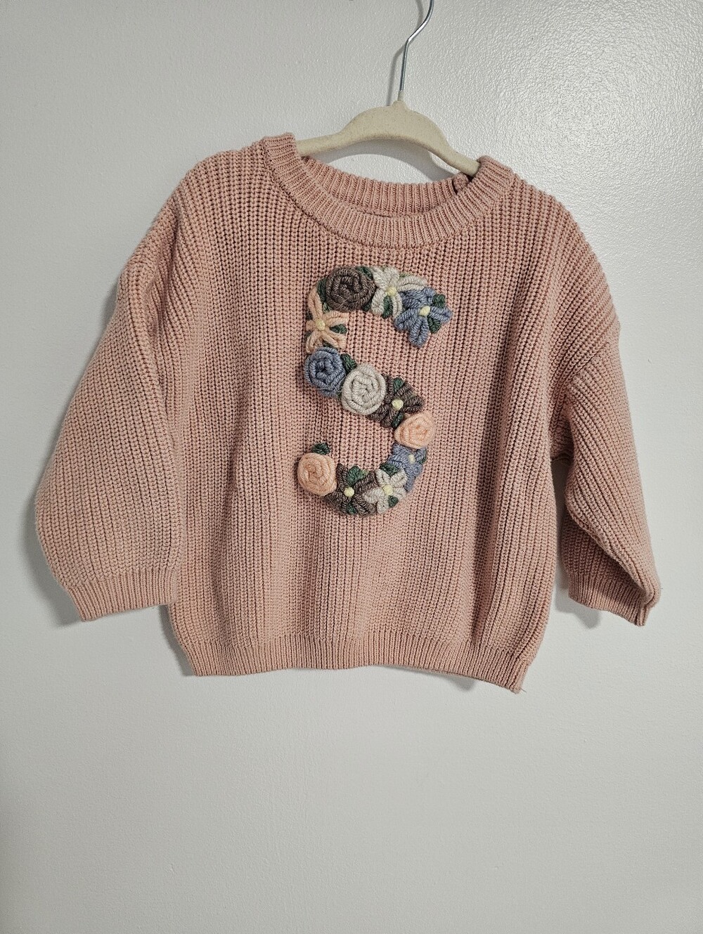 Dusty Pink Knit Sweater Embroidered Floral Letter S Monogram Baby Girl 12-24M
